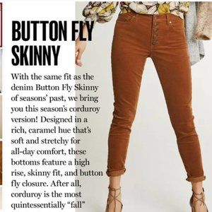 Cabi 3927 Button Fly Skinny corduroy pants Size 6